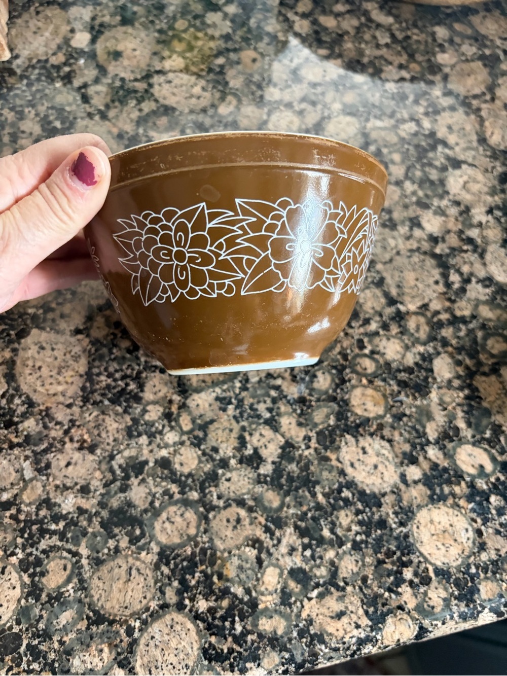 Pyrex Brown Ceramic Bowl with White Floral Band